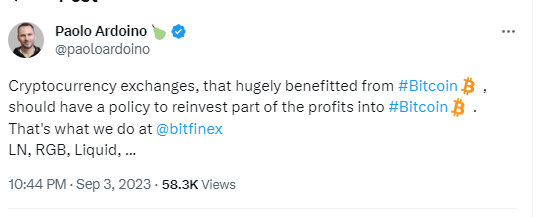 Tether CTO：加密交易所应制定将部分利润再投资到比特币的政策