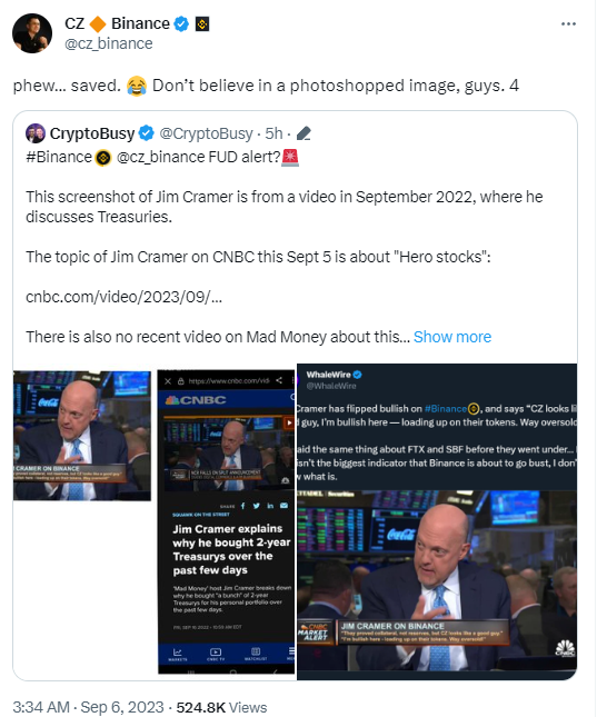 赵长鹏澄清CNBC著名“反指”Jim Cramer对币安好评的截图系P图