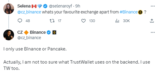 赵长鹏称其只使用币安或PancakeSwap交易所，并且使用TrustWallet钱包