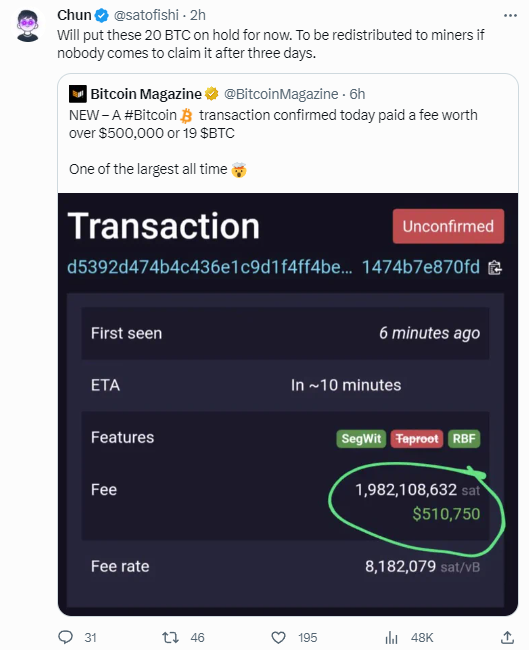F2Pool联创：将暂时搁置异常交易中的近20枚BTC，若无人领取则重新分配给矿工