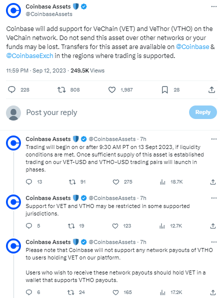 Coinbase将上线VeChain（VET）和VeThor（VTHO）