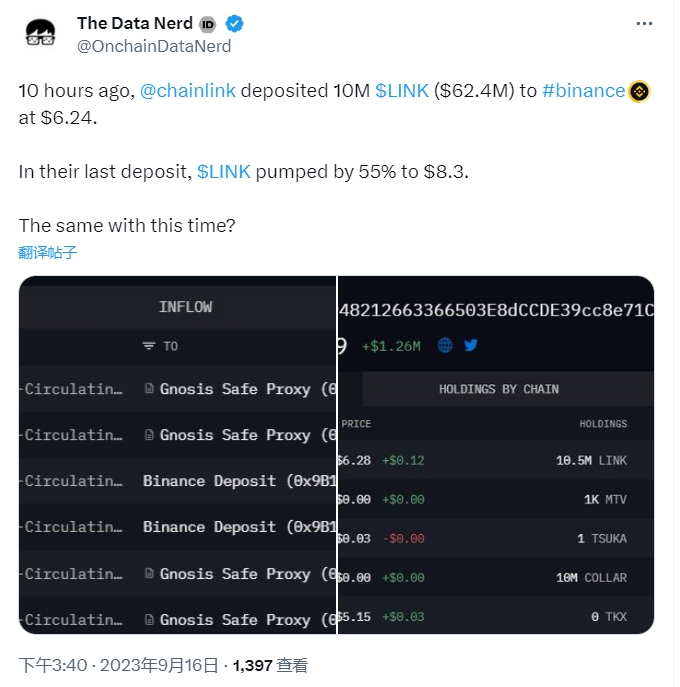 数据:Chainlink向Binance转入1000万枚LINK