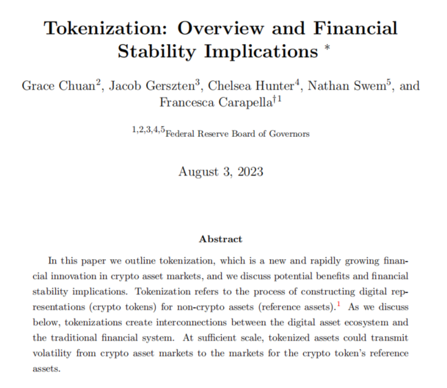美联储论文：代币化是加密市场中全新且快速的金融创新