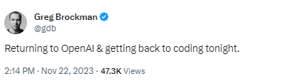 OpenAI联创Greg Brockman亦将重返OpenAI