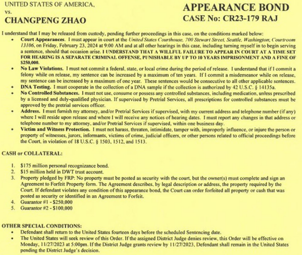 赵长鹏以1.75亿美元的保释金获得保释