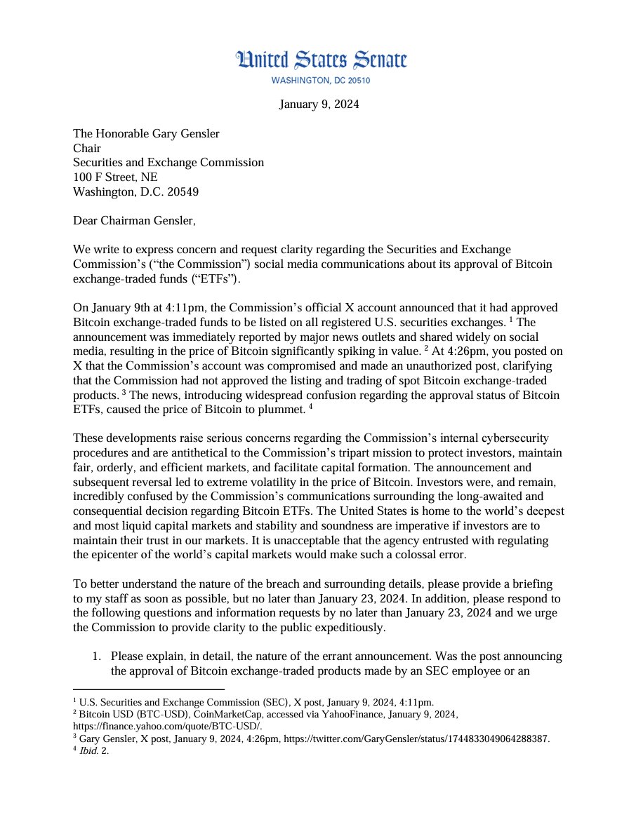 美国参议员要求SEC向国会提供X账户违规事件报告，截止日期定在1月15日