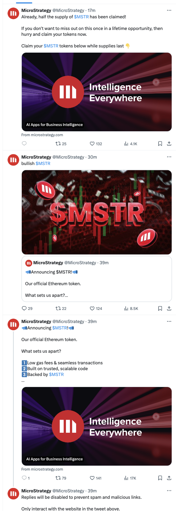 MicroStrategy的X账户疑似已被黑，目前已造成44万美元损失