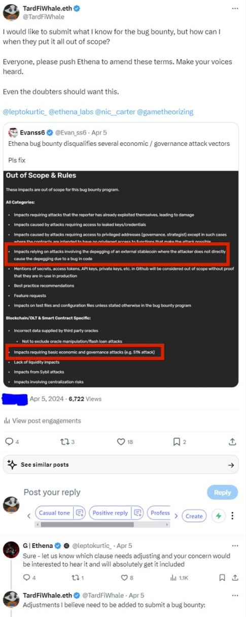 Ethena即将发生内爆？有人给出100万美元的漏洞报价