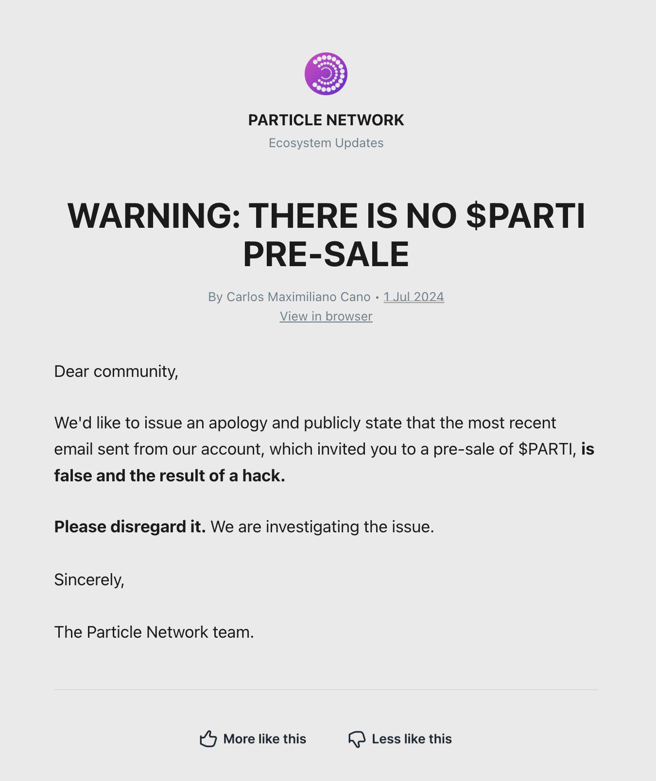 Particle Network：官方电子邮箱遭黑客攻击，并向用户发送虚假RTl预售邀请信息