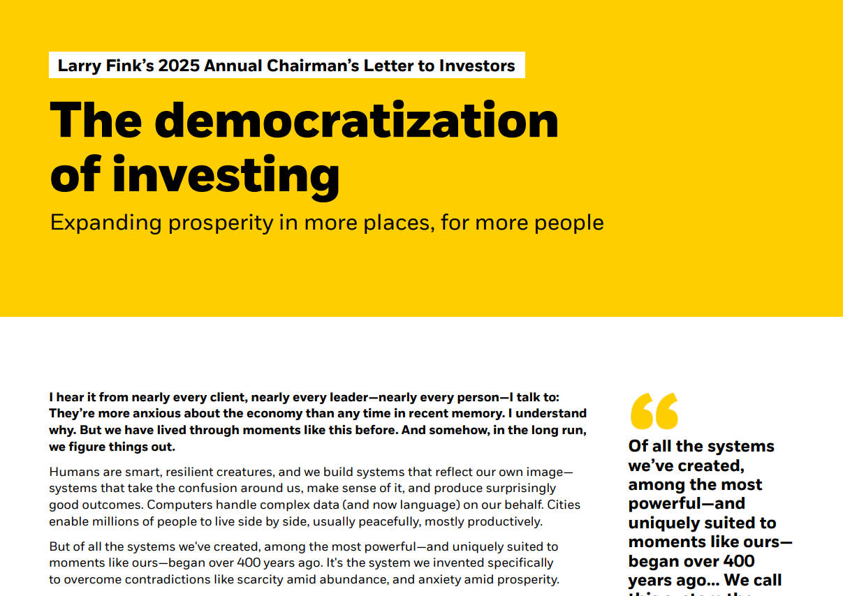 贝莱德CEO年度致投资者信:比特币或挑战美元全球地位,代币化是未来的金融高速公路